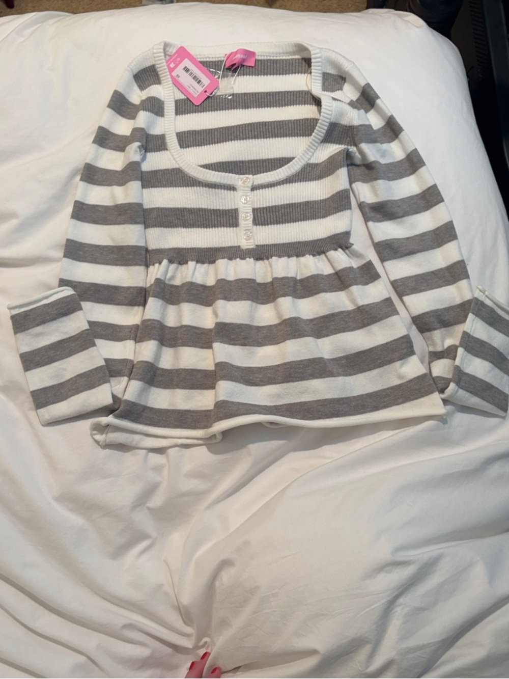 Edikted White and Gray Striped Long Sleeve Peplum Tee